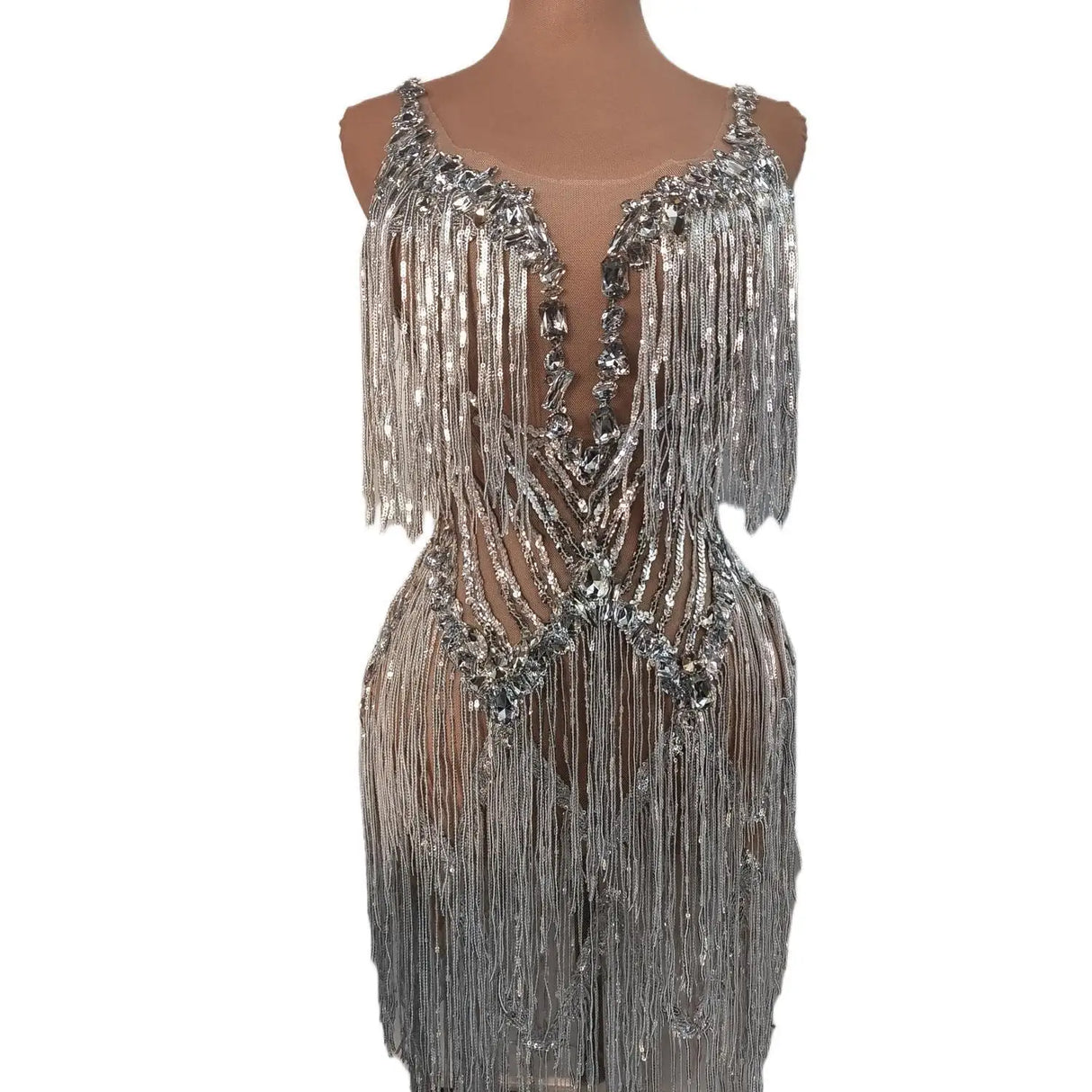 Flashing Sequins Fringes Rhinestones Transparent Dresses Women Evening Birthday Celebrate Costume Dancer Stage Wear Muyuye