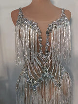 Flashing Sequins Fringes Rhinestones Transparent Dresses Women Evening Birthday Celebrate Costume Dancer Stage Wear Muyuye