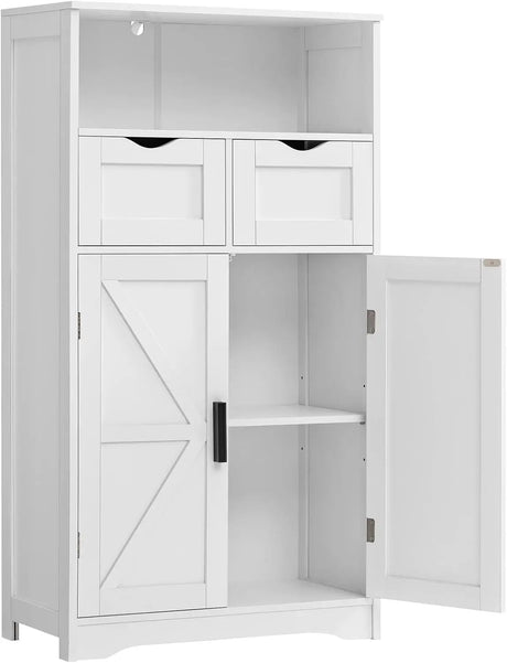 Floor Storage Cabinet with 2 Adjustable Drawers & 2 Barn Doors, Standing Cupboard with 2 Shelf, for Living Room