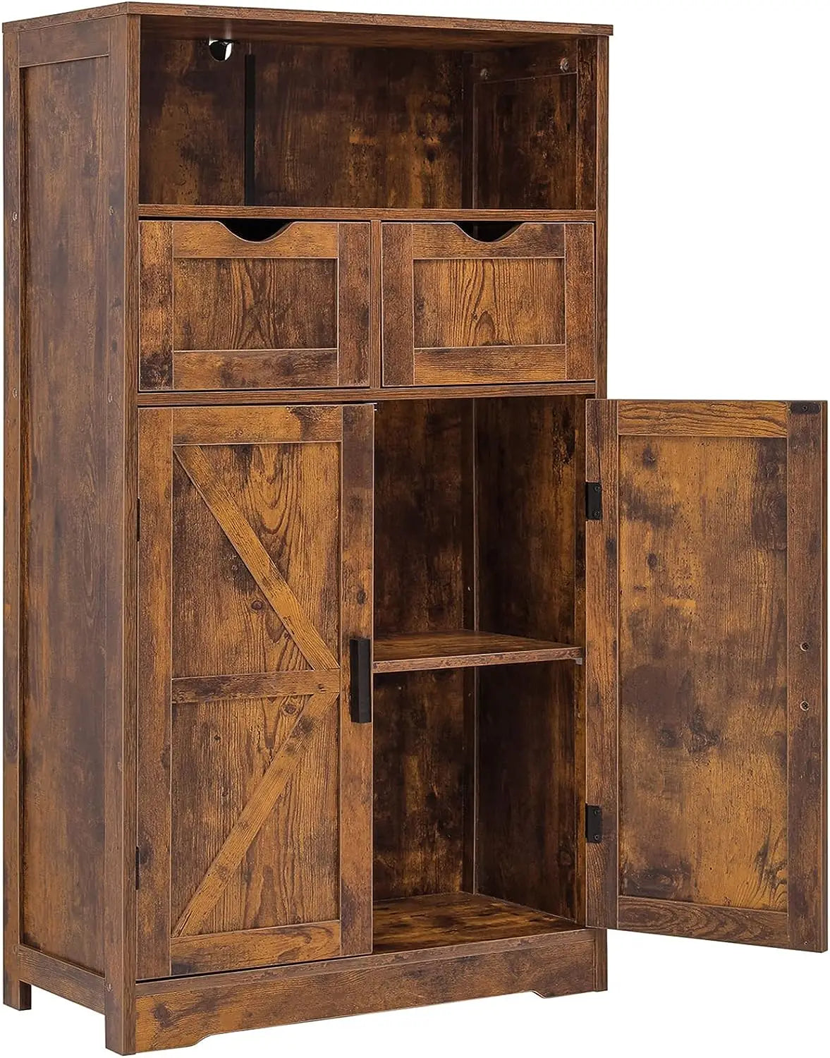 Floor Storage Cabinet with 2 Adjustable Drawers & 2 Barn Doors, Standing Cupboard with 2 Shelf, for Living Room