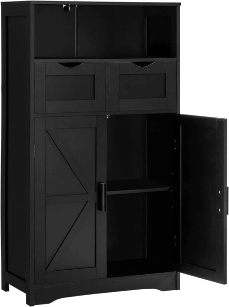 Floor Storage Cabinet with 2 Adjustable Drawers & 2 Barn Doors, Standing Cupboard with 2 Shelf, for Living Room