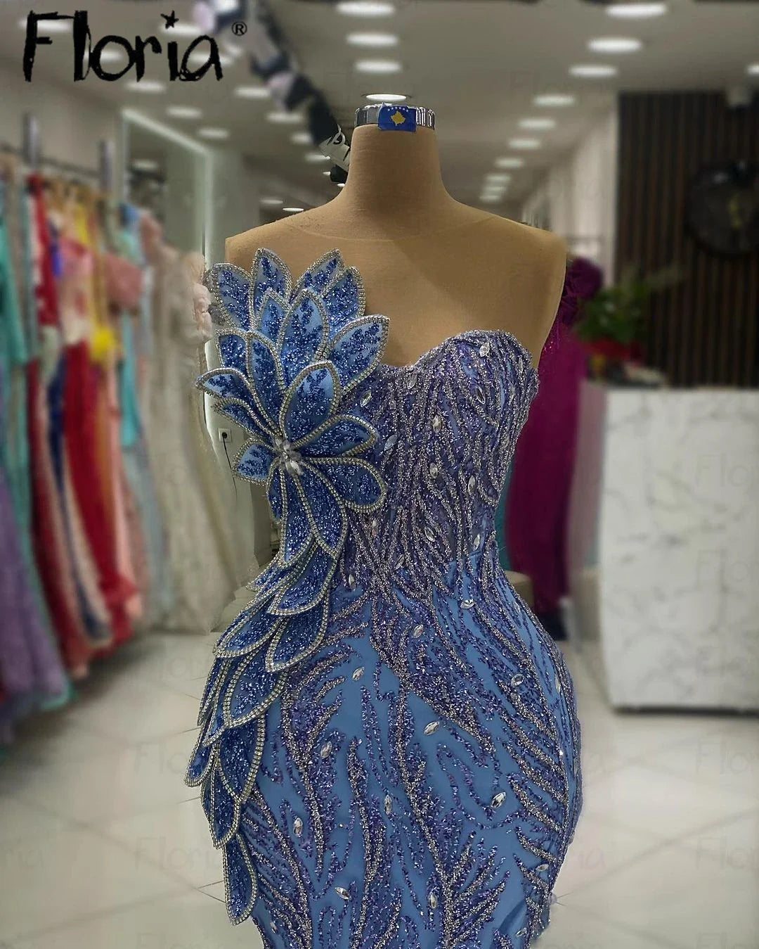 Floria Glitter Silver Crystals Blue Evening Dress Arabic Women 2024 Dinner Night Gowns Custom Made  Special Occasion Dresses