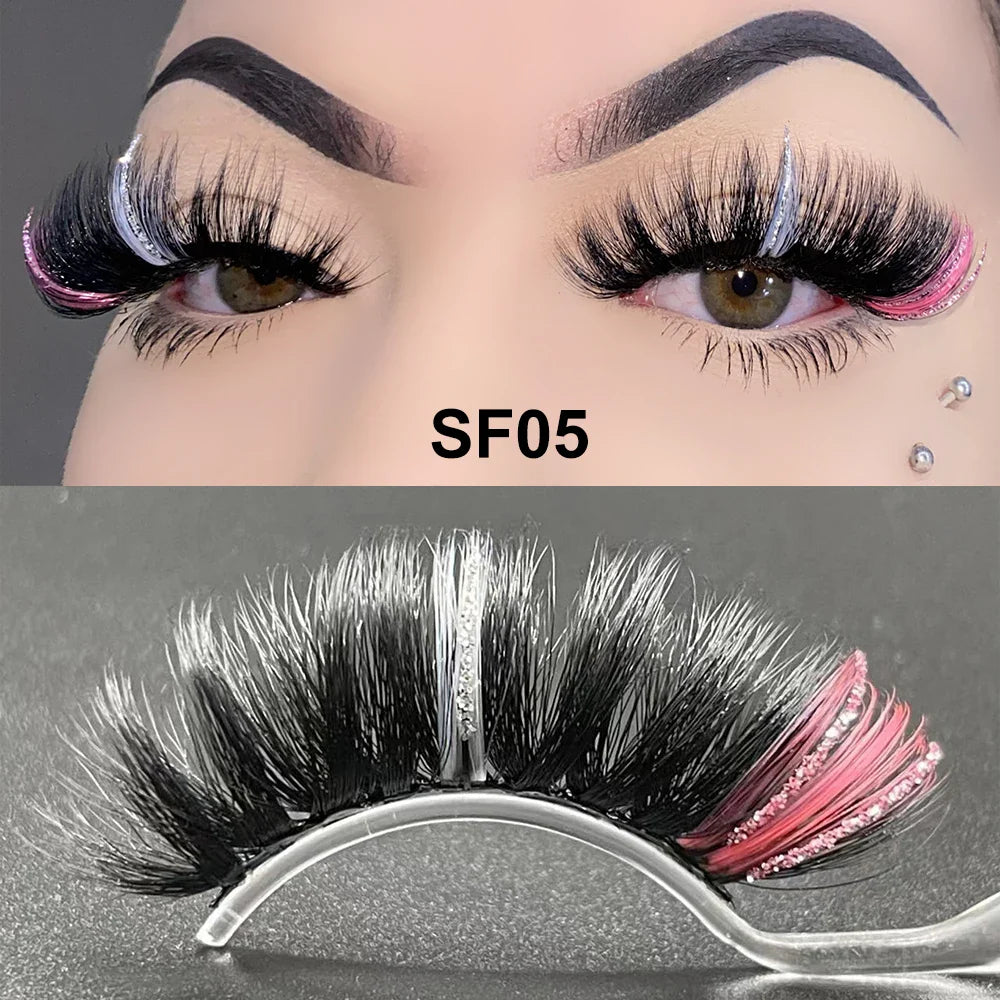 Fluffy 25MM Mink Eyelashes Colored Lashes With Glitter Bulk Wholesale Pink White Red Blue 5D Mink Lashes Supplies Makeup Tools