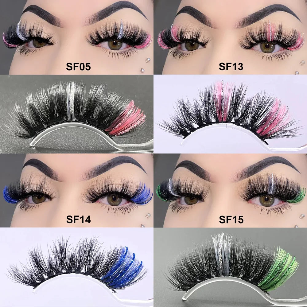 Fluffy 25MM Mink Eyelashes Colored Lashes With Glitter Bulk Wholesale Pink White Red Blue 5D Mink Lashes Supplies Makeup Tools