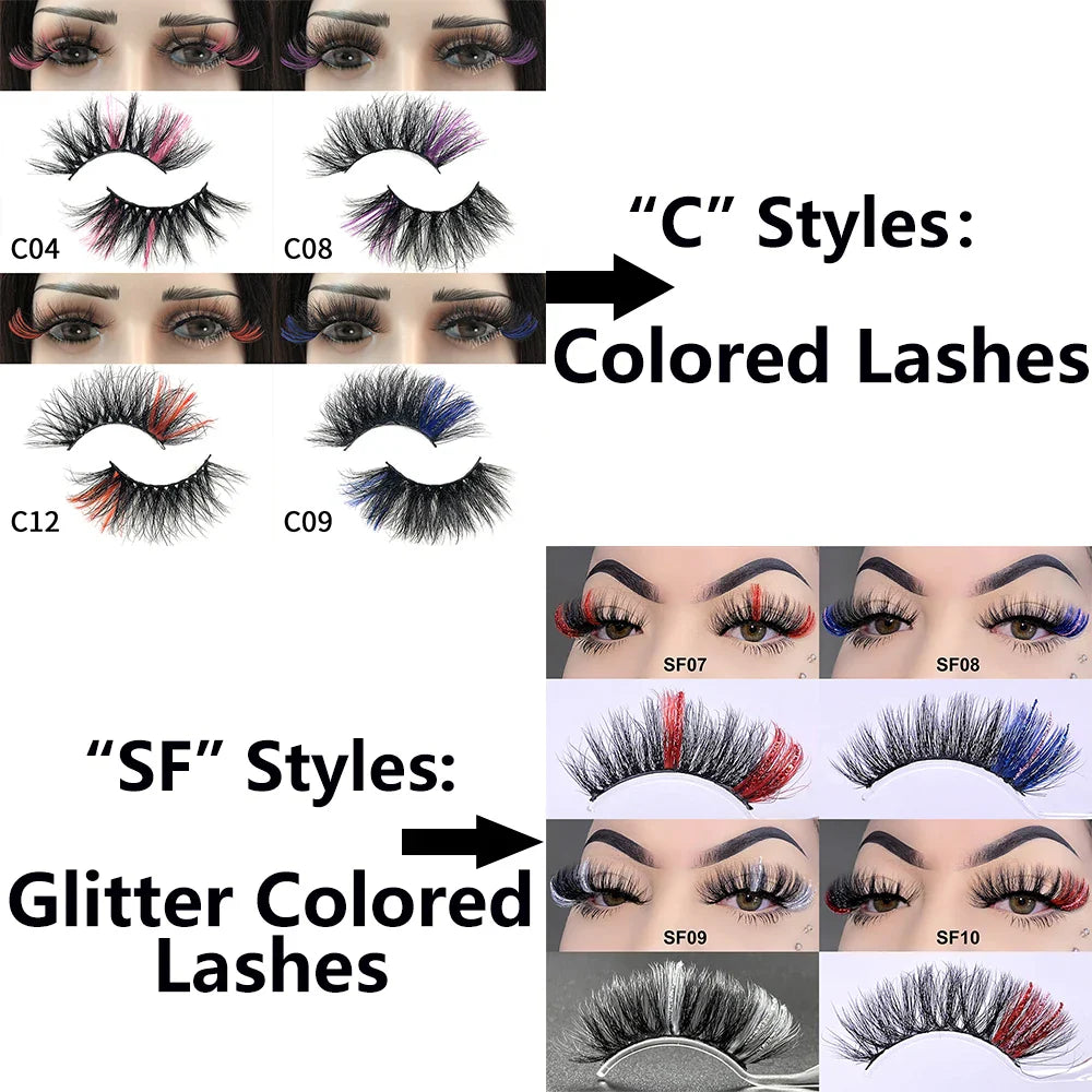 Fluffy 25MM Mink Eyelashes Colored Lashes With Glitter Bulk Wholesale Pink White Red Blue 5D Mink Lashes Supplies Makeup Tools