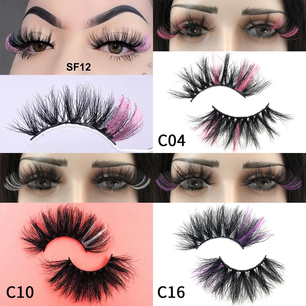 Fluffy 25MM Mink Eyelashes Colored Lashes With Glitter Bulk Wholesale Pink White Red Blue 5D Mink Lashes Supplies Makeup Tools