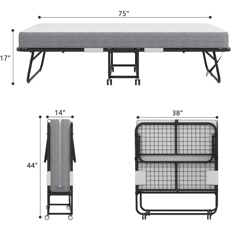 Folding Bed with Mattress,Portable Rollaway Bed,Foldable Bed with Memory Foam Mattress, Twin Size 75" x 38" Fold-up Metal Frame