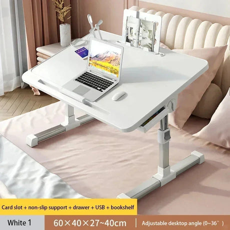 Folding Laptop Table, Liftable Bed Table with Light, Adjustable Stand Desk, Elevable Gaming Desk with Drawer Home Workstation