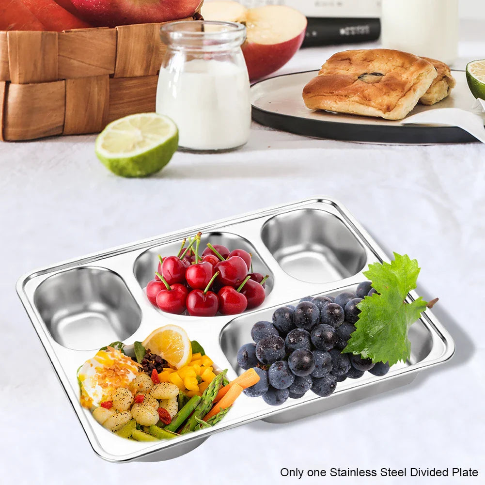 For Dinner Divided Plates Diet Food Control Kids Stainless Steel 5 Compartment Tray Divided Plate Restaurant Kitchen Tableware