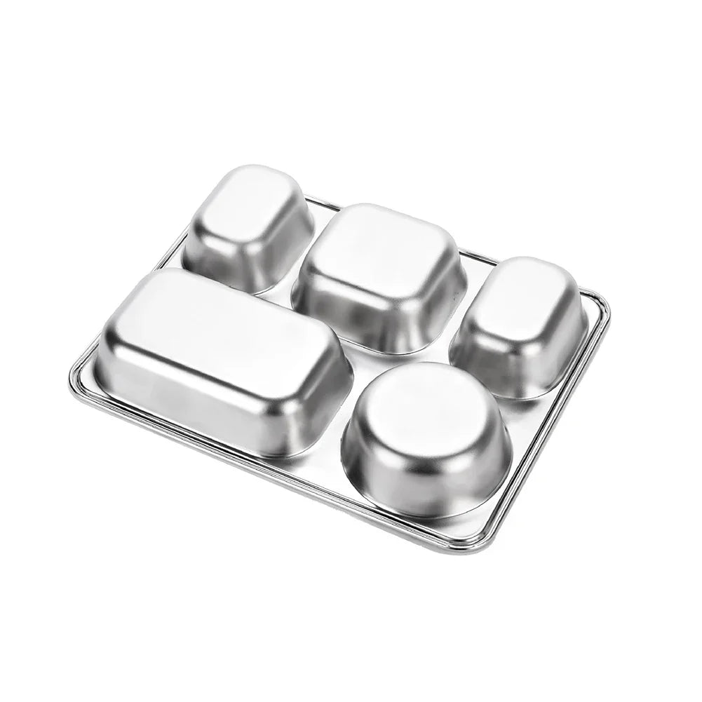 For Dinner Divided Plates Diet Food Control Kids Stainless Steel 5 Compartment Tray Divided Plate Restaurant Kitchen Tableware