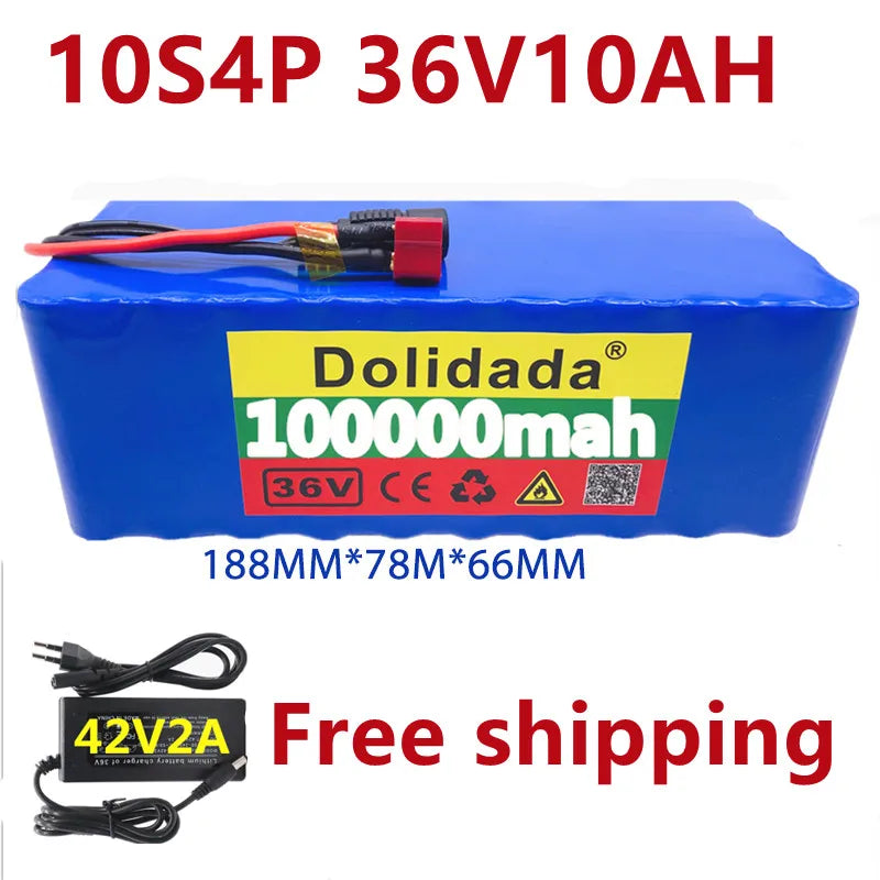 Free shipping 36V battery 10S4P 100Ah battery pack 1000W high power battery 42V 100000mAh Ebike electric bike BMS+42V2A Charger