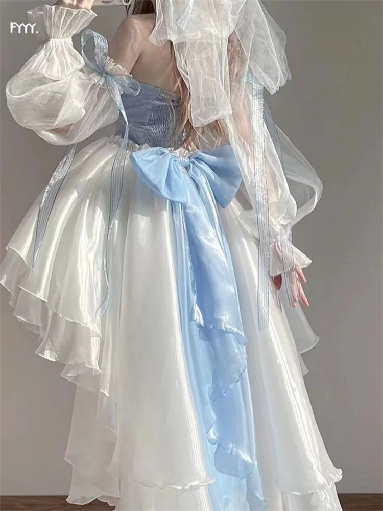 French Romantic Style Lolita Op Elegant Girl Cosplay Princess Puff Sleeve Ribbon Bowknot Flower Tunic Mesh Fantastic Fairy Dress