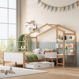 Full Size Bed,Wooden House Bed Frame with Drawer,Desk and Bookshelf,Functional bed Suitable for Children Bedroom or Guest Room