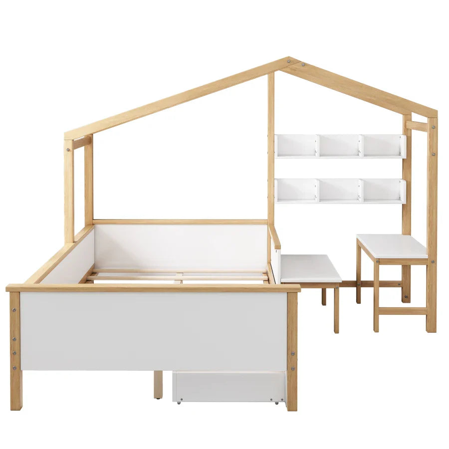 Full Size Bed,Wooden House Bed Frame with Drawer,Desk and Bookshelf,Functional bed Suitable for Children Bedroom or Guest Room