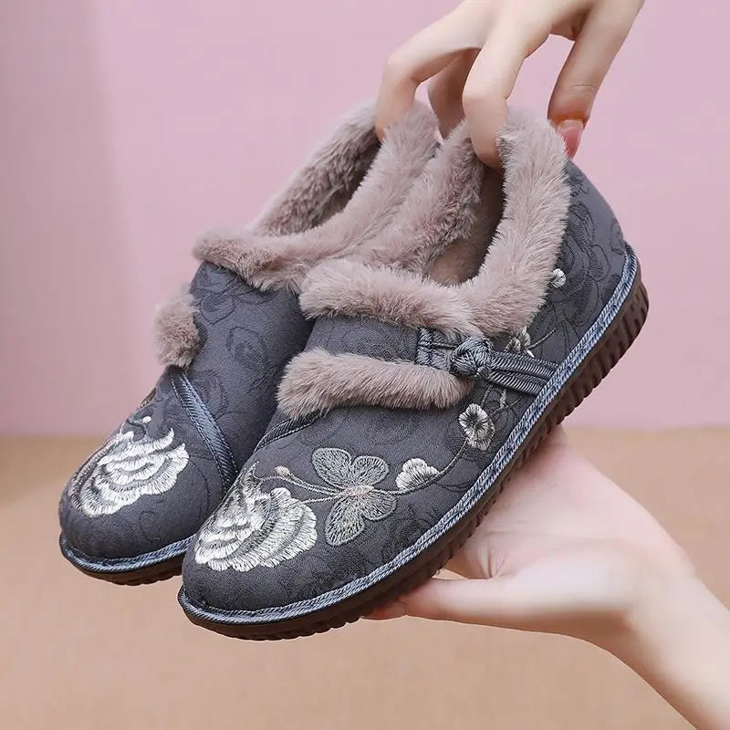 Fur lined ballet flats women's Chinese style floral loafers ladies winter warm shoes plush moccains woman elegant slip on loafer