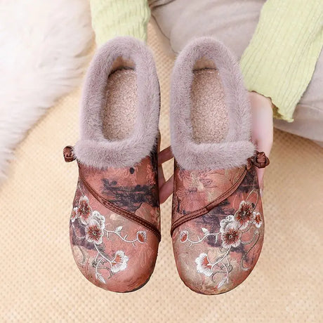 Fur lined ballet flats women's Chinese style floral loafers ladies winter warm shoes plush moccains woman elegant slip on loafer