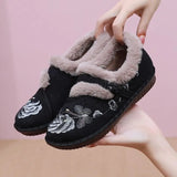 Fur lined ballet flats women's Chinese style floral loafers ladies winter warm shoes plush moccains woman elegant slip on loafer