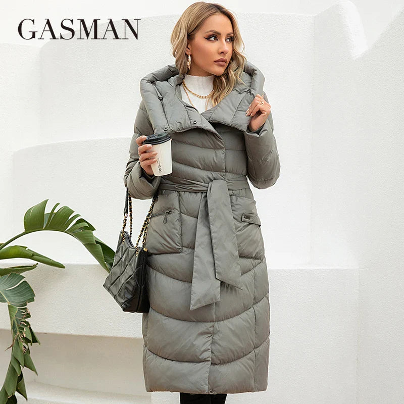 GASMAN 2023 Fashion Parkas Women's Casual Hooded Pocket Belt Women Down Jacket Female Coats Outwear 82032