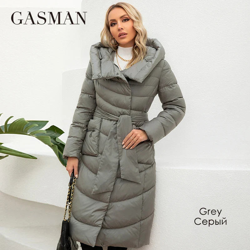 GASMAN 2023 Fashion Parkas Women's Casual Hooded Pocket Belt Women Down Jacket Female Coats Outwear 82032