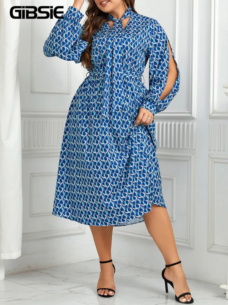 GIBSIE Plus Size Bow Tie Neck Belted Print Long Dress Women Spring Fall Casual Fashion Party A-Line Dresses with Slit Sleeve