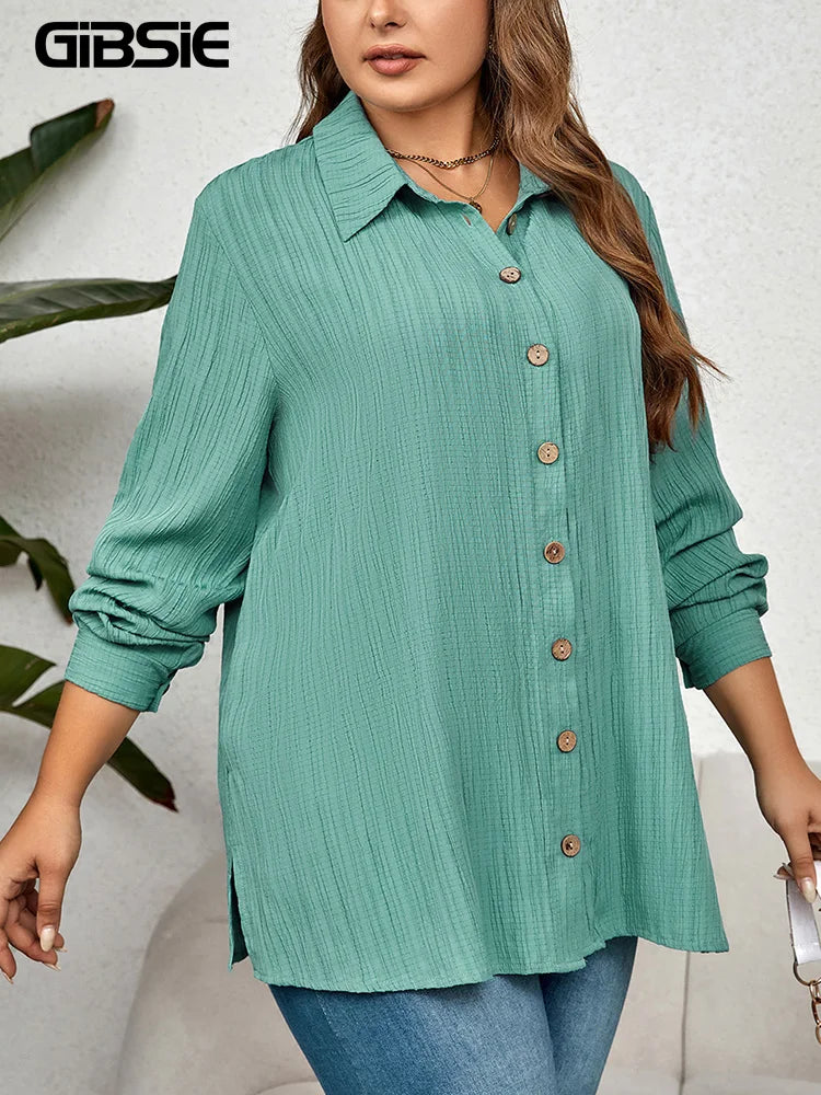 GIBSIE Plus Size Casual Solid Button Up Shirt Women Spring Fall Long Sleeve Collared Work Office Loose Blouses Tops with Slit