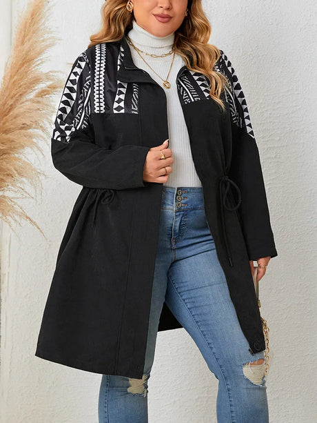 GIBSIE Plus Size Ethnic Print Black Mid Long Coat Women 2023 Autumn New Vintage Drawstring Waist Zip Up Casual Outwear Female