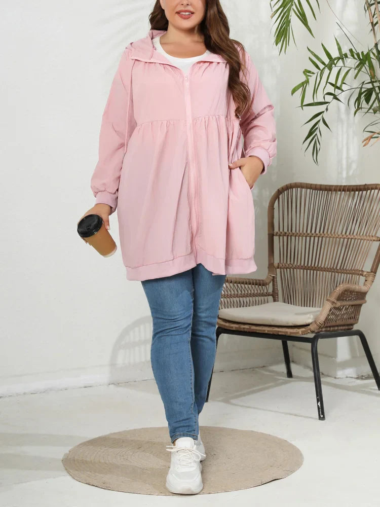 GIBSIE Plus Size Womens Casual Long Jackets 2023 Spring Autumn Fashion Loose Drawstring Hooded Long Sleeve Zip Up Coat Outwear