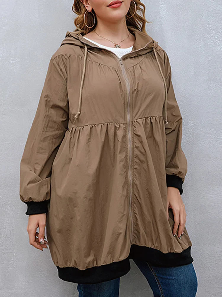 GIBSIE Plus Size Womens Casual Long Jackets 2023 Spring Autumn Fashion Loose Drawstring Hooded Long Sleeve Zip Up Coat Outwear