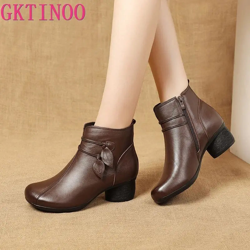 GKTINOO 2024 New Autumn Winter Thick Heel Ankle Boots Women Warm Boots Shoes Handmade Genuine Leather Flowers Zipper Retro Boots