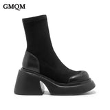 GMQM Women‘s Boots New Platform Ankle Boots Slip On Round Toe Mid-Calf Boots Thick Sole Knitted Stretch Sock Boots British Style