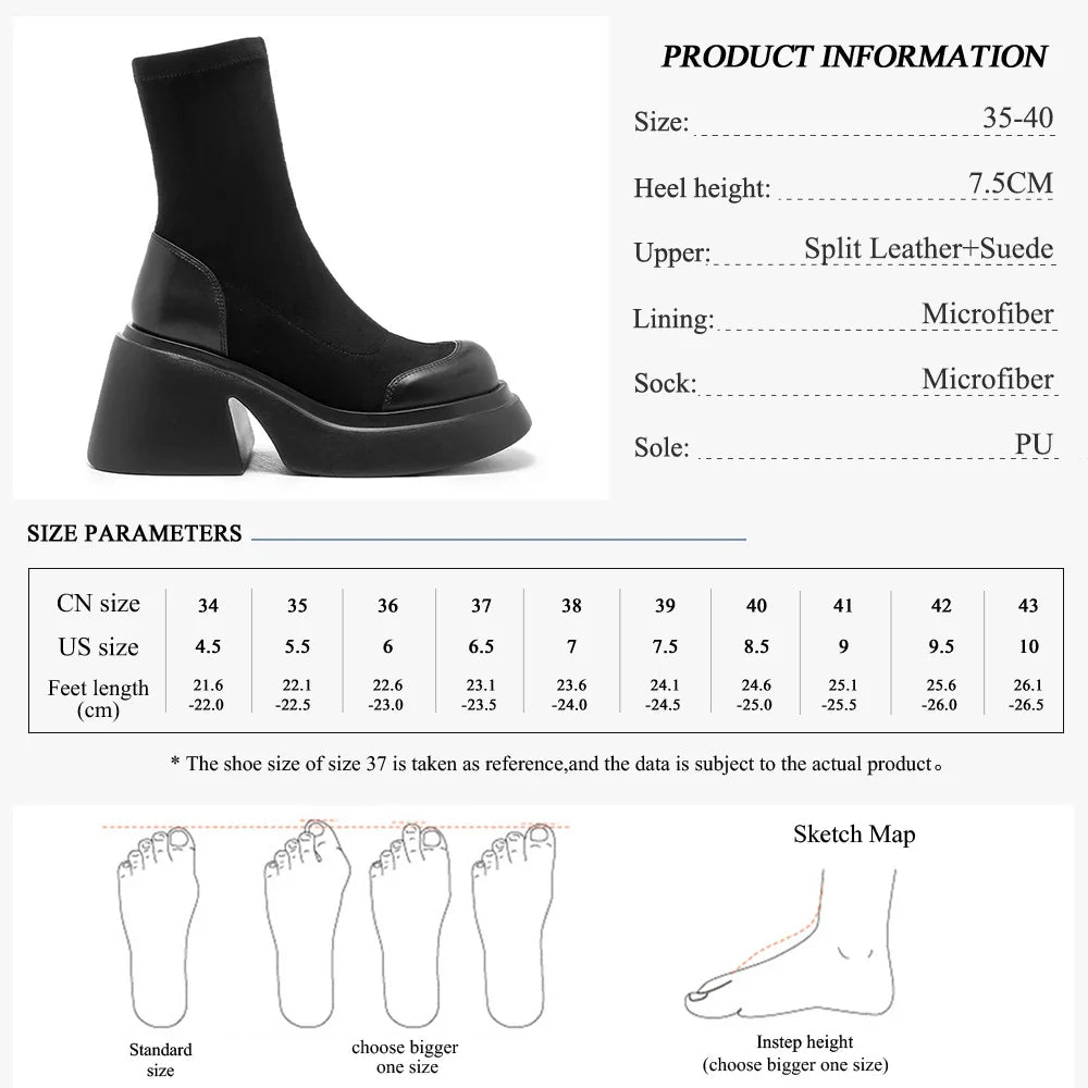 GMQM Women‘s Boots New Platform Ankle Boots Slip On Round Toe Mid-Calf Boots Thick Sole Knitted Stretch Sock Boots British Style