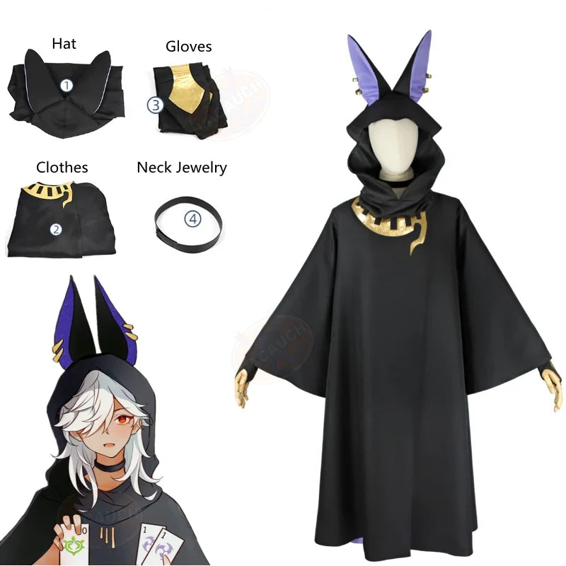 Genshin Impact Cyno Cosplay Black Cloak Hat Gloves White Wig Cosplay Anime Cosplay Halloween Costumes Carnival Party Set