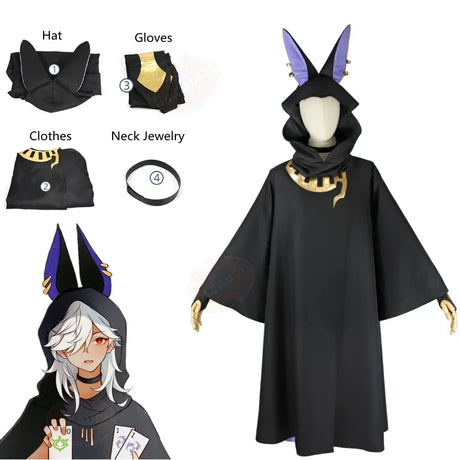 Genshin Impact Cyno Cosplay Black Cloak Hat Gloves White Wig Cosplay Anime Cosplay Halloween Costumes Carnival Party Set