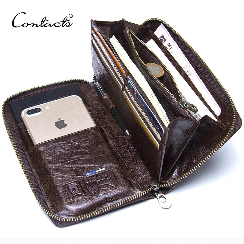 Genuine Leather Men Clutch Wallet  Brand Male Card Holder Long  Zipper Around Travel Purse With Passport Holder 6.5" Phone Case