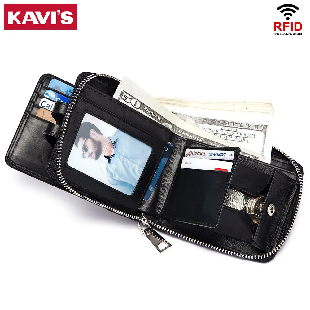 Genuine Leather Men's Wallet Business RFID Blocking Credit Card Holder for Women Travel Small Purse with Hasp Fold Coin Pocket