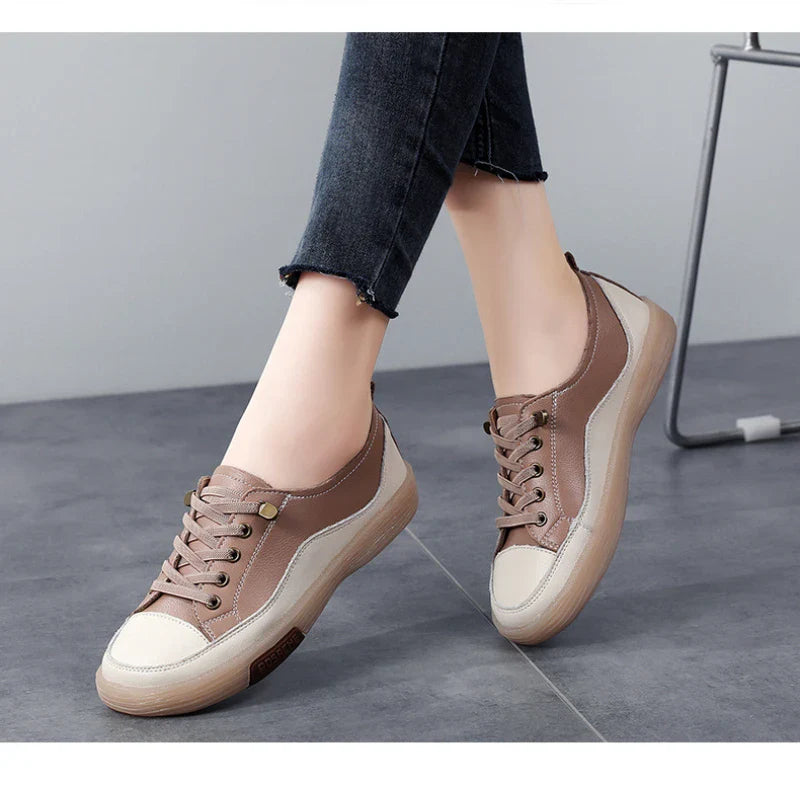 Genuine Leather Women Soft Sole Walking Shoes Girl Student Jooging Sneaker White Black Flats Female Casual Skate Trainers Summer