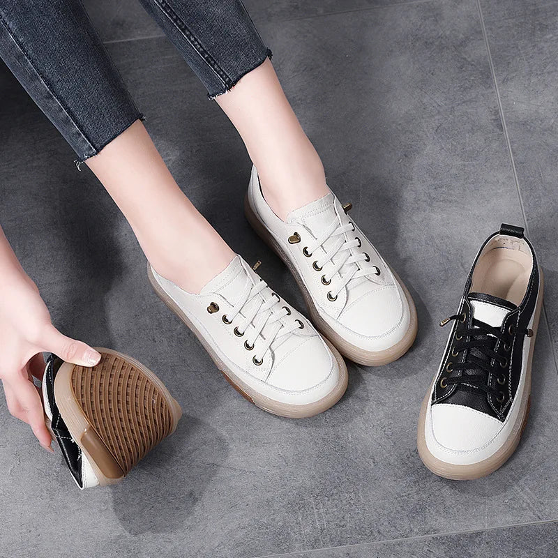 Genuine Leather Women Soft Sole Walking Shoes Girl Student Jooging Sneaker White Black Flats Female Casual Skate Trainers Summer