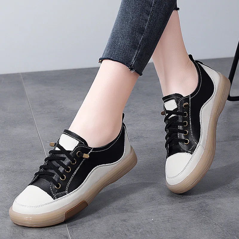 Genuine Leather Women Soft Sole Walking Shoes Girl Student Jooging Sneaker White Black Flats Female Casual Skate Trainers Summer