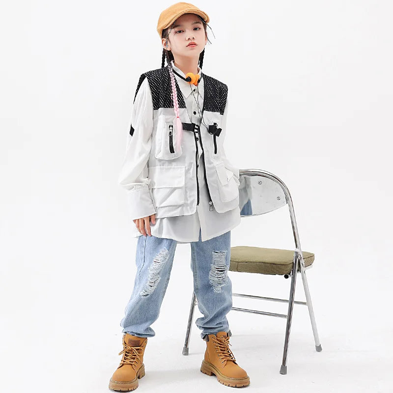 Girls Fashion Jazz Dance Outfits Children Clothing White Shirt Patchwork Vest Ripped Jeans Kids Ballroom Hip Hop Dance Costumes