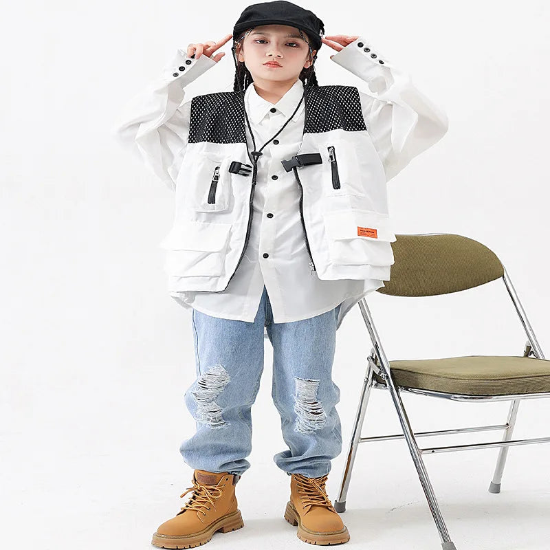 Girls Fashion Jazz Dance Outfits Children Clothing White Shirt Patchwork Vest Ripped Jeans Kids Ballroom Hip Hop Dance Costumes