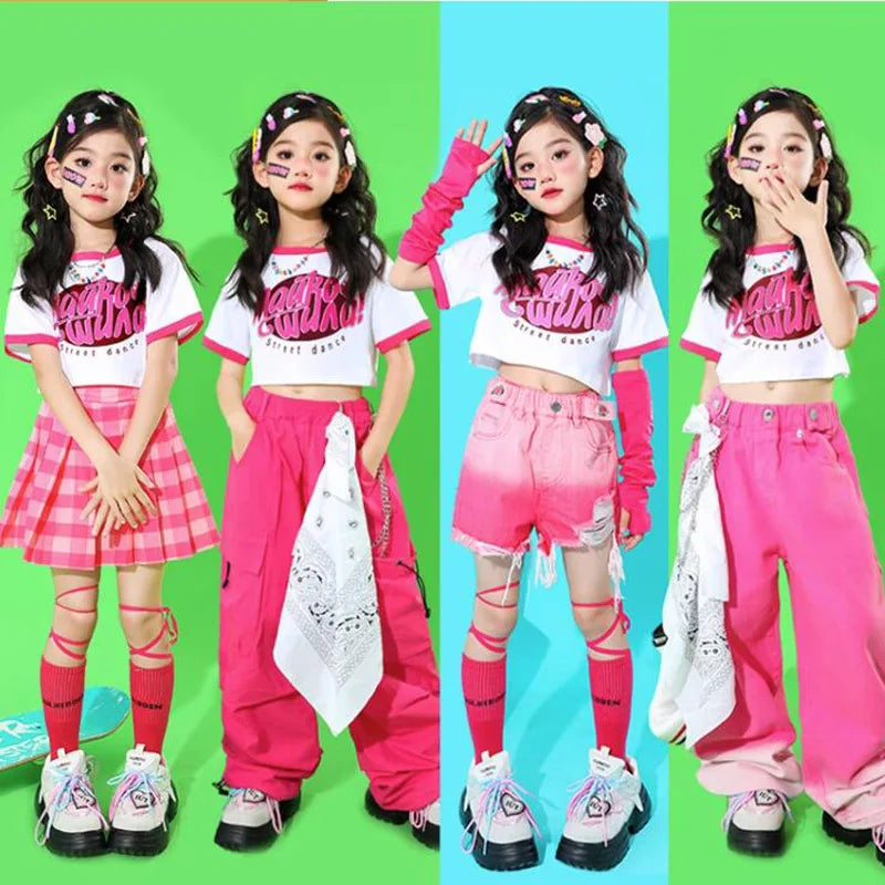 Girls Hip Hop Outfits Crop Tops Pink Cargo Pants Children Solid Shorts Clothes Set Kids Plaid Skirt Street Dance Jazz Costumes