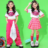 Girls Hip Hop Outfits Crop Tops Pink Cargo Pants Children Solid Shorts Clothes Set Kids Plaid Skirt Street Dance Jazz Costumes