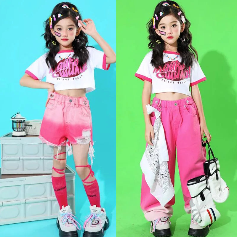 Girls Hip Hop Outfits Crop Tops Pink Cargo Pants Children Solid Shorts Clothes Set Kids Plaid Skirt Street Dance Jazz Costumes