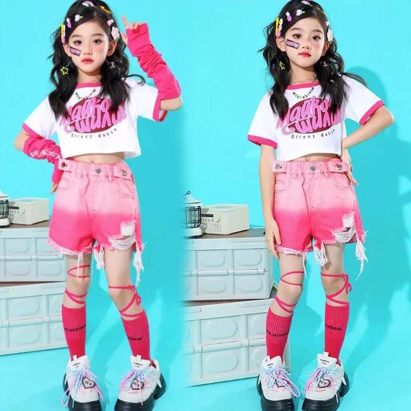 Girls Hip Hop Outfits Crop Tops Pink Cargo Pants Children Solid Shorts Clothes Set Kids Plaid Skirt Street Dance Jazz Costumes