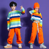 Girls Hip Hop Street Dance Clothes Striped Crop Top Cargo Pants Boys Rainbow T-shirt Loose Shorts Kids Streetwear Jazz Costumes