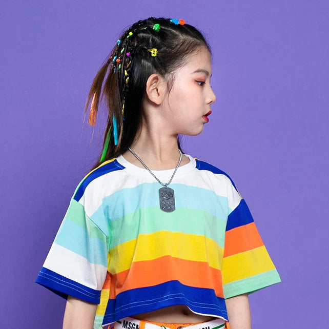 Girls Hip Hop Street Dance Clothes Striped Crop Top Cargo Pants Boys Rainbow T-shirt Loose Shorts Kids Streetwear Jazz Costumes