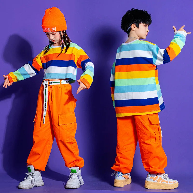 Girls Hip Hop Street Dance Clothes Striped Crop Top Cargo Pants Boys Rainbow T-shirt Loose Shorts Kids Streetwear Jazz Costumes