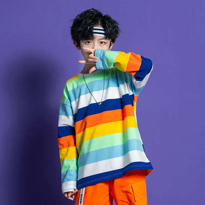 Girls Hip Hop Street Dance Clothes Striped Crop Top Cargo Pants Boys Rainbow T-shirt Loose Shorts Kids Streetwear Jazz Costumes