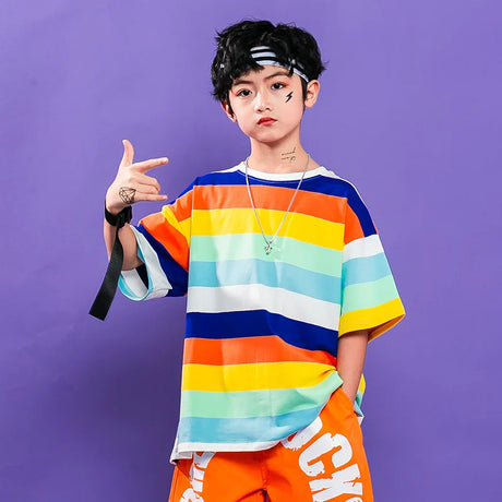 Girls Hip Hop Street Dance Clothes Striped Crop Top Cargo Pants Boys Rainbow T-shirt Loose Shorts Kids Streetwear Jazz Costumes