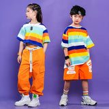 Girls Hip Hop Street Dance Clothes Striped Crop Top Cargo Pants Boys Rainbow T-shirt Loose Shorts Kids Streetwear Jazz Costumes